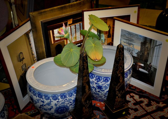 Miscellaneous group of decorations: Including: Framed print, depicting an interior scene by Michael John Hunt. (3) framed reproduction colored prints, each depicting garden studies, (2) 20th century Chinese blue and white glazed ceramic