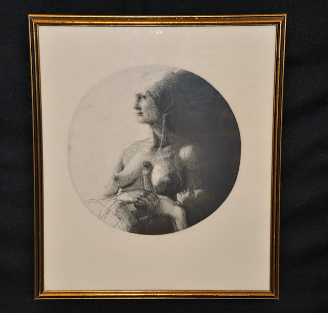 (20th c.) Circular Drypoint Etching: "Tonda" (a Renaissance nude mother and child) Illegibly pencil signed lower right. 14 3/4 inches (diameter) Condition: In poor condition; having a large crease and tear to the upper middle of the imag