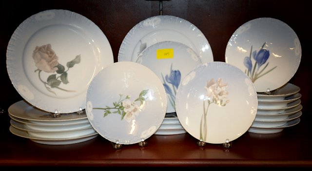 (20th c.) Partial Dinner Service: Royal Copenhagen blue and gray floral pattern. Including (10) dinner plates 9 inches (diameter) and (9) salad plates. Condition: Fair Condition, some chipped