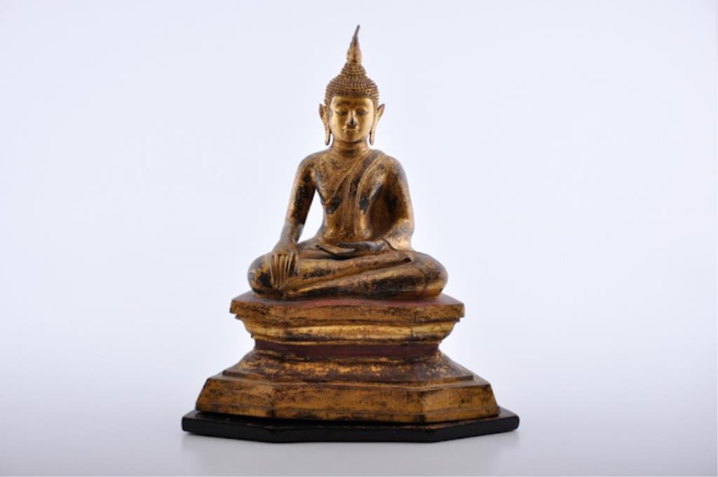 (19th/20th c.) Seated Buddha: Cast bronze gilt Thai Buddha on wood base. 16 x 13 x 7 inches Condition: Good