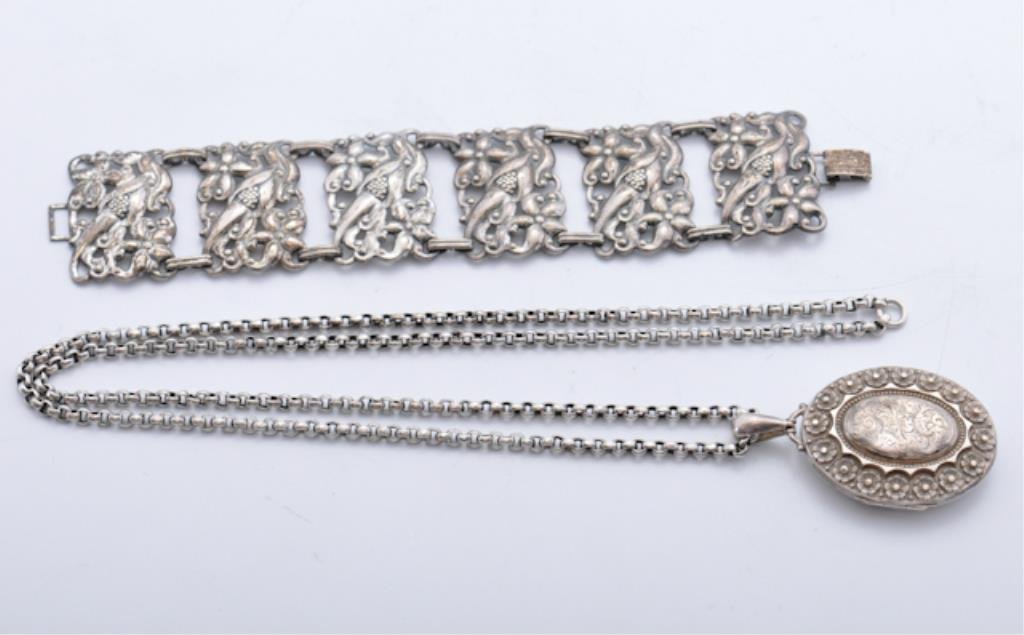 Sterling Locket and Bracelet: Birmingham locket on long chain with a "Danecraft" sterling silver bracelet. weight is 1.85 troy oz. Condition: Dents to locket