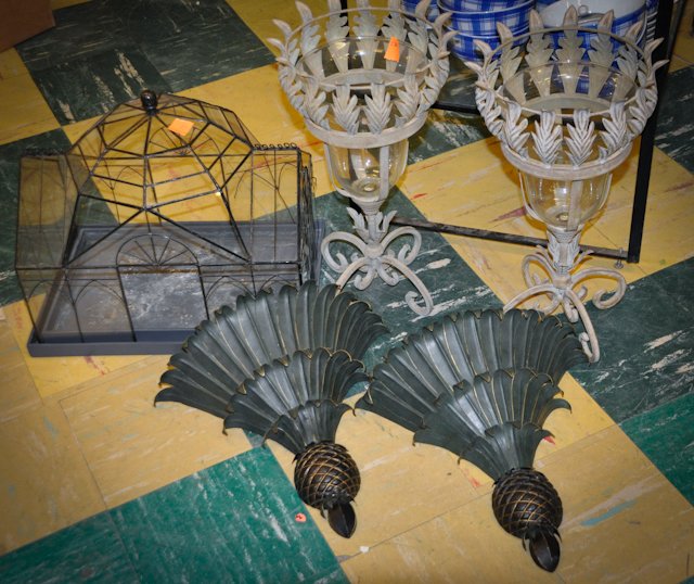 Decorative Architectural Elements: Including (1) pair of wall shelves with pineapple motif, (1) pair of planters with glass inserts on metal stands and a glass terrarium in the form of a house.