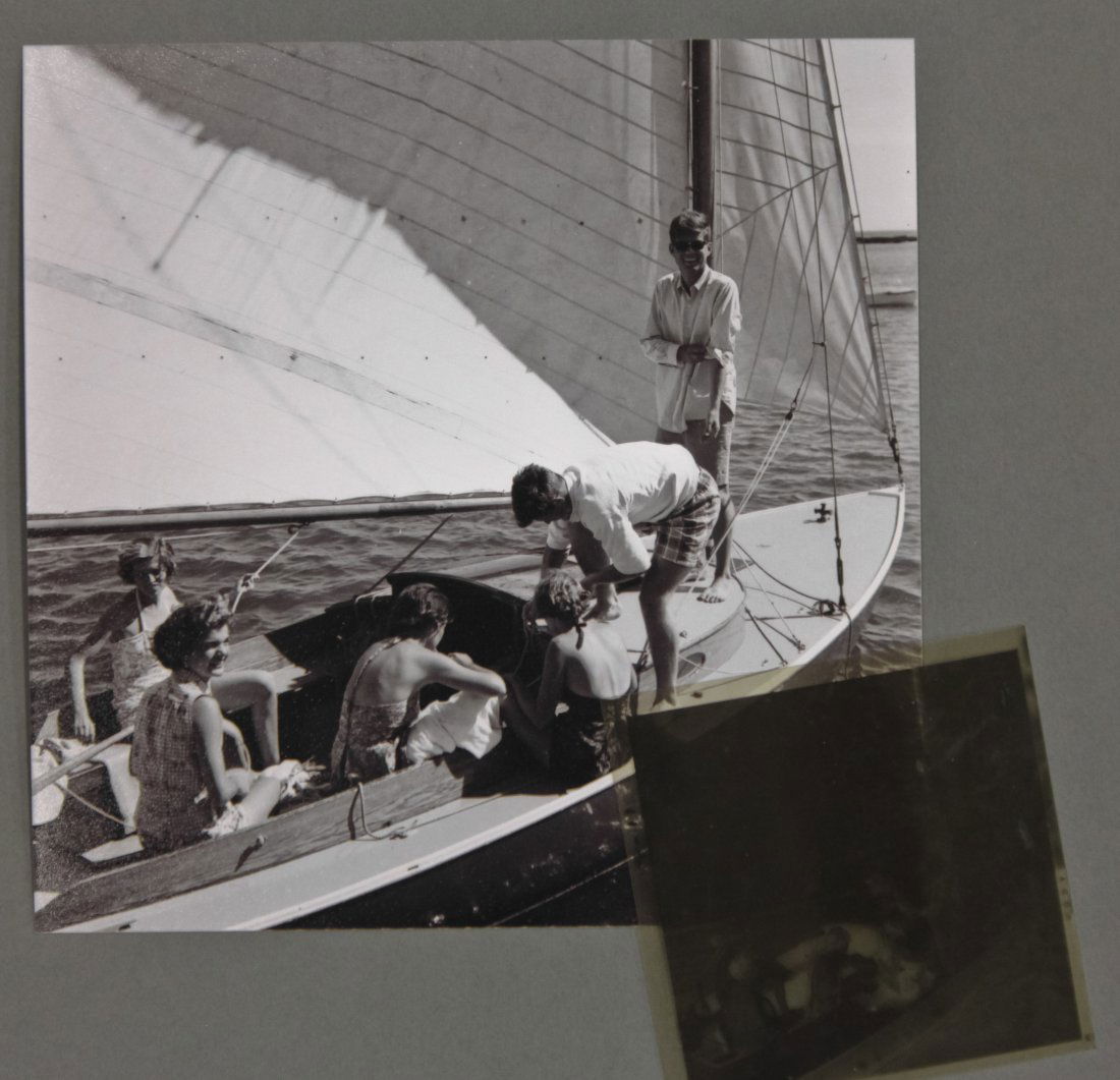 Engagement photo: John F. Kennedy, Jackie & Siblin: (1) Hy Peskin (1915-2005) photograph: (1) negative and photograph reprint of John F. Kennedy, Jackie and siblings sailing. From a photo shoot for a LIFE Magazine article "Life Goes Courting with a U.S