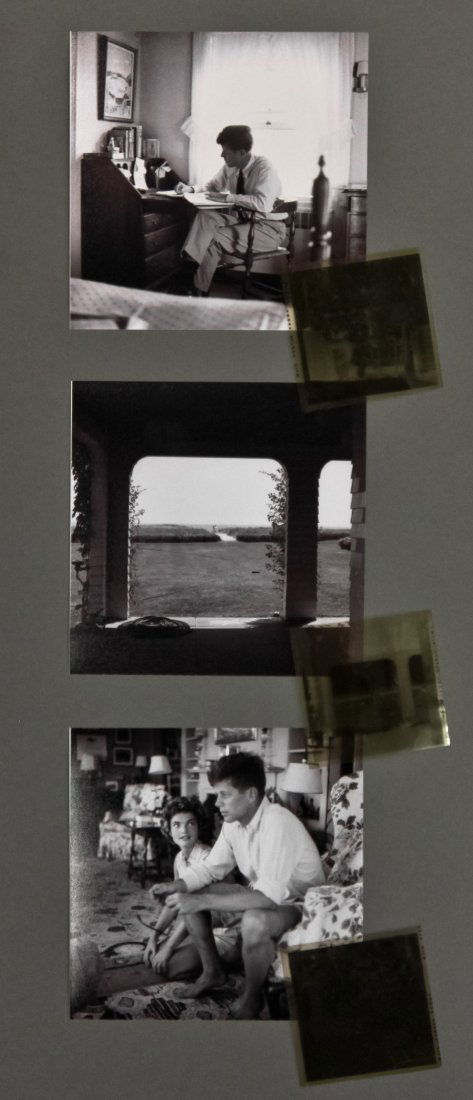 Engagement photos: John F. Kennedy & Jackie: (3) Hy Peskin (1915-2005) photographs: (1) negative and photograph reprint of John F. Kennedy seated at desk, (1) negative and photograph reprint of a distance shot of the couple on beach path, (1) ne