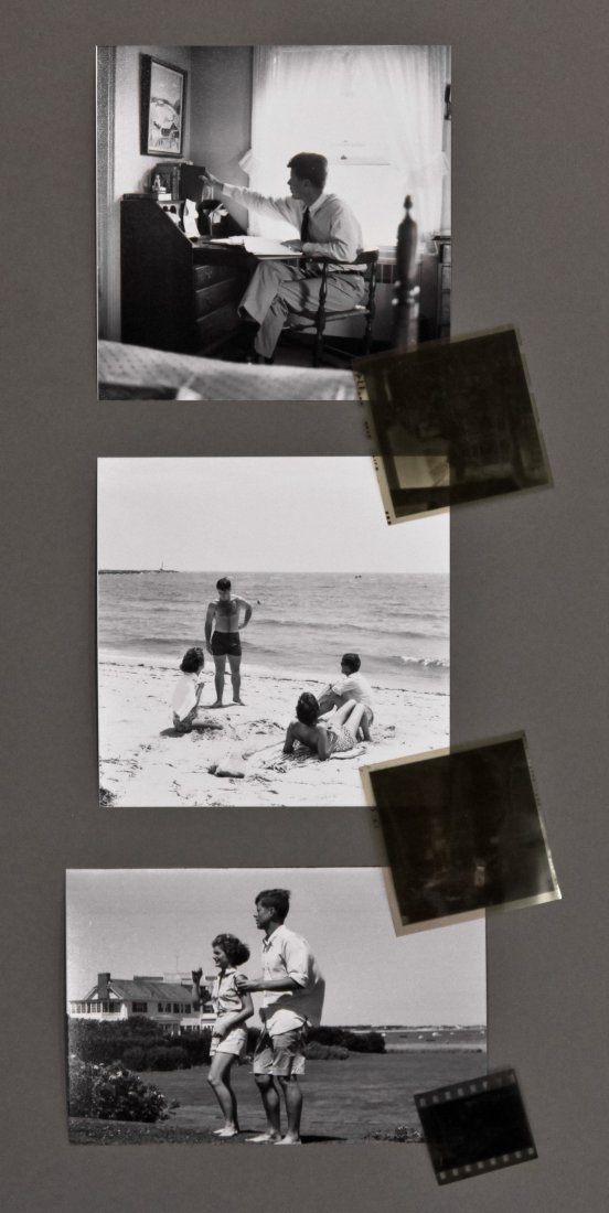 Engagement photos: John F. Kennedy & Jackie: (3) Hy Peskin (1915-2005) photographs: (1) negative and photograph reprint of John F. Kennedy seated at desk, (1) negative and photograph reprint of John F. Kennedy, Jackie and John F. Kennedy sibling