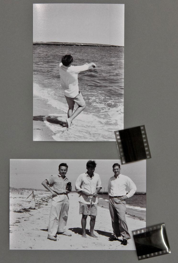 Engagement photo: John F. Kennedy: (1) Hy Peskin (1915-2005) photograph: (1) negative and photograph reprint of John F. Kennedy throwing something in water, (1) negative and photo reprint taken by Jackie and shows the journalist of LIF