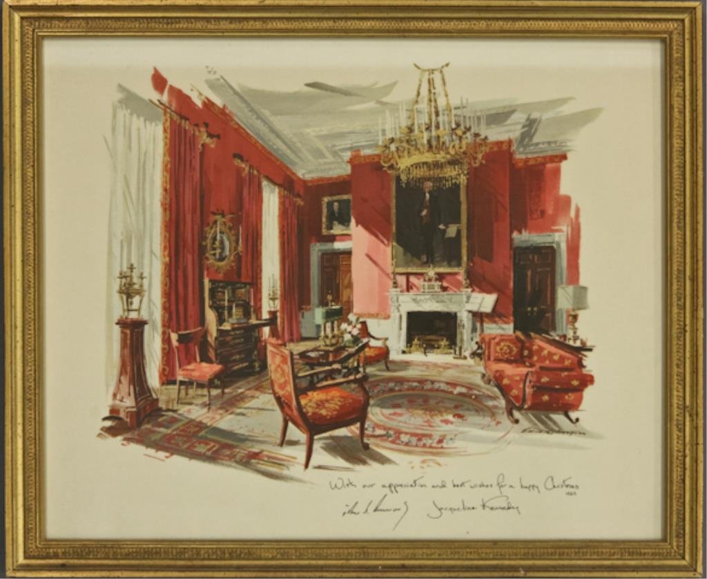 1962 Christmas Gift from The White House: (1) Color lithograph of the red room of the White House, "With our appreciation and best wishes for a happy Christmas 1962" signed in print John F. Kennedy and Jacqueline Kennedy. 15 x 17 inches, fram
