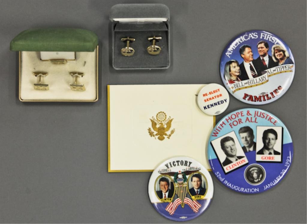 Bill Clinton and Al Gore Political Items: (1) "52nd Inauguration January 20, 1993" button with images of Clinton, Gore and John F. Kennedy "With Hope & Justice for All", 4 inches diameter. (1) "America's First Families" button with Bill and H