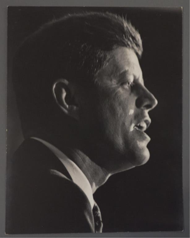 Photograph of John F. Kennedy at the DNC: (1) Large format photograph of John F. Kennedy, 13 3/4 x 10 3/4 inches, stamped "photo by Bill Bridges, Beverly Hills", taken at the Democratic National Convention in Los Angeles 1960.