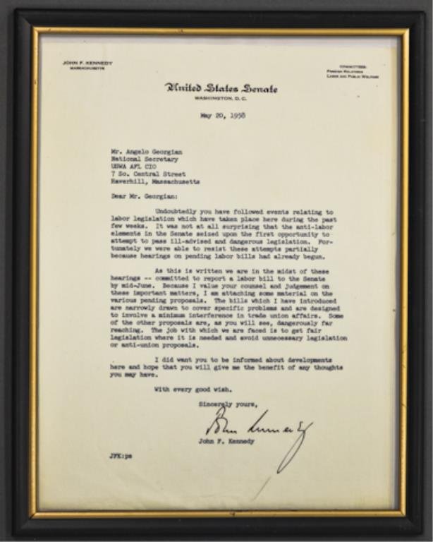 Senator John F. Kennedy Signed Letter: (1) Typewritten letter to Angelo Georgian concerning Labor Legislation, signed Senator John F. Kennedy, dated May 20, 1958, 9 x 12 inches, framed.
