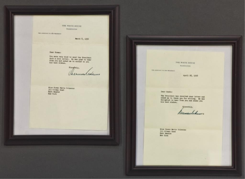 Letters Signed Sherman Adams: (2) Typewritten thank you notes on The White House Washington letterhead signed Sherman Adams, Assistant Chief of Staff for Dwight D. Eisenhower to Susan Marie Colasono, dated March 8, 1956 and April 