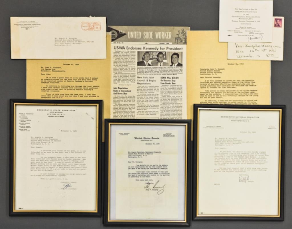 United Shoe Workers John F. Kennedy Signed Note: (1) Typewritten note on United States Senate letterhead thanking Angelo Georgian of the United Shoe Workers for his endorsement, signed John F. Kennedy, dated December 27, 1960, framed. (2) typewritte