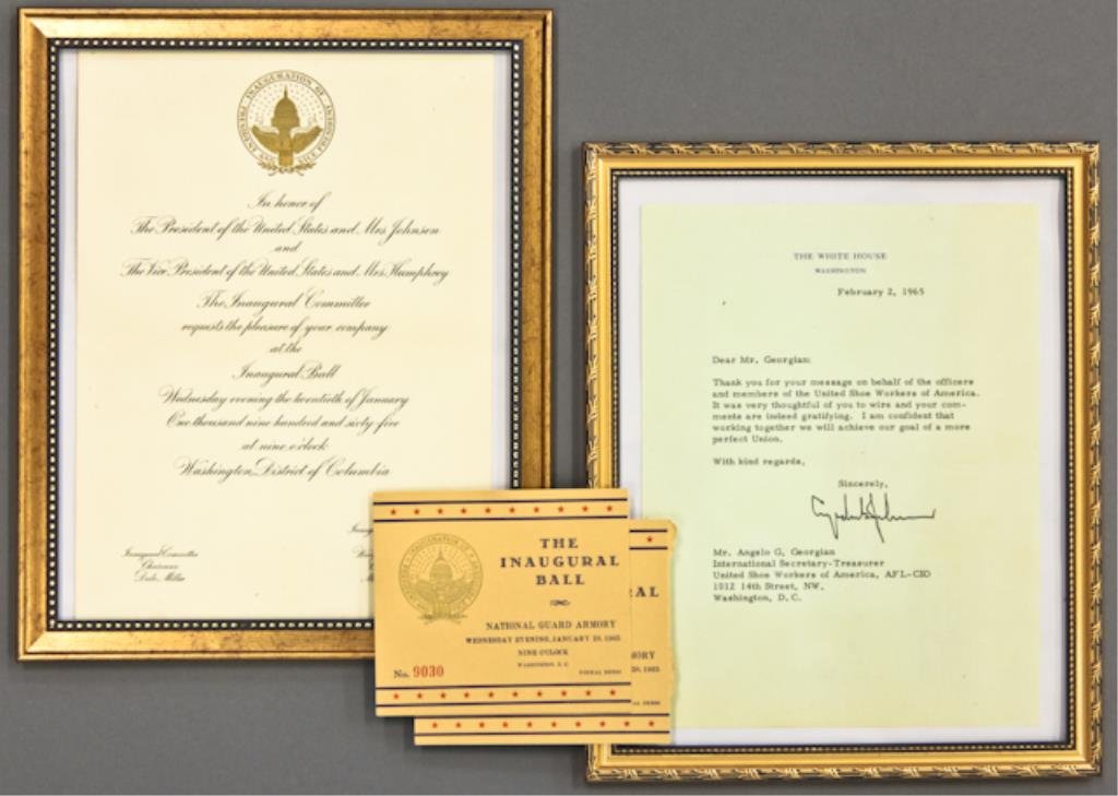 LBJ Signed Letter, Inaugural Ball Tickets: Angelo Georgian LBJ Inaugural Ball Invitation, 8 x 10 inches, framed, (2) Inaugural Ball invitiations, and (1) Lyndon B. Johnson signed letter dated February 2, 1965, 10 x 8 framed size.