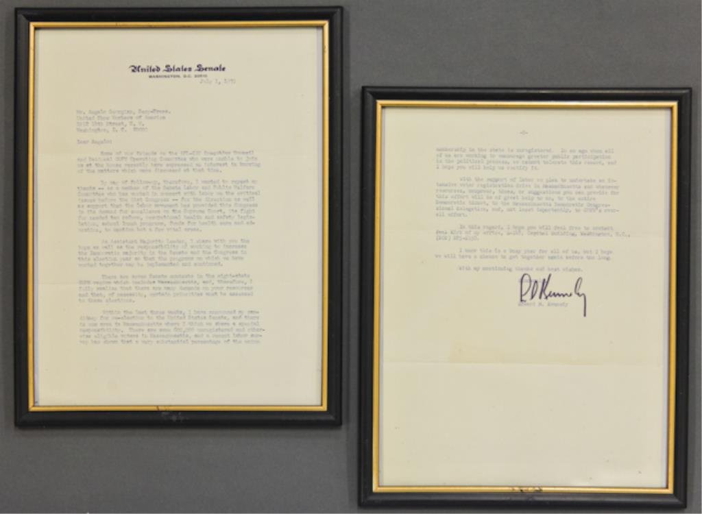 Letter From Ted Kennedy: (1) Two-page typewritten letter from Edward "Ted" Kennedy requesting help with his re-election campaign to Angelo Georgian, signed "EM Kennedy", dated July 1, 1970, in (2) frames 12 x 9 inches.