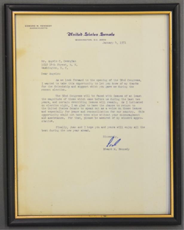 Senator Ted Kennedy Signed Note: (1) Letter from Senator Ted Kennedy to Angelo Georgian dated January 4, 1971 thanking Georgian for his campaign support, signed "Ted" 12 x 9 1/2 inches framed.