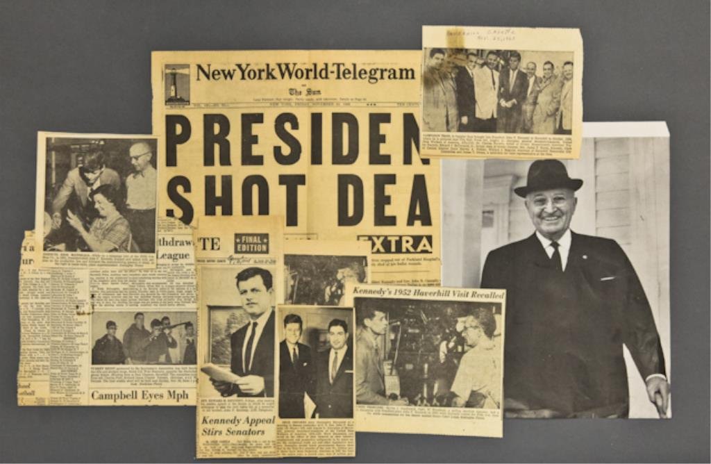 Haverhill Gazette John F. Kennedy Clippings: Group of Haverhill Gazette newspaper clippings, Kennedy related, with Angelo Georgian including John F. Kennedy, Ted Kennedy, and others. (yellowing of paper, tears and creases). Together with (1) mag