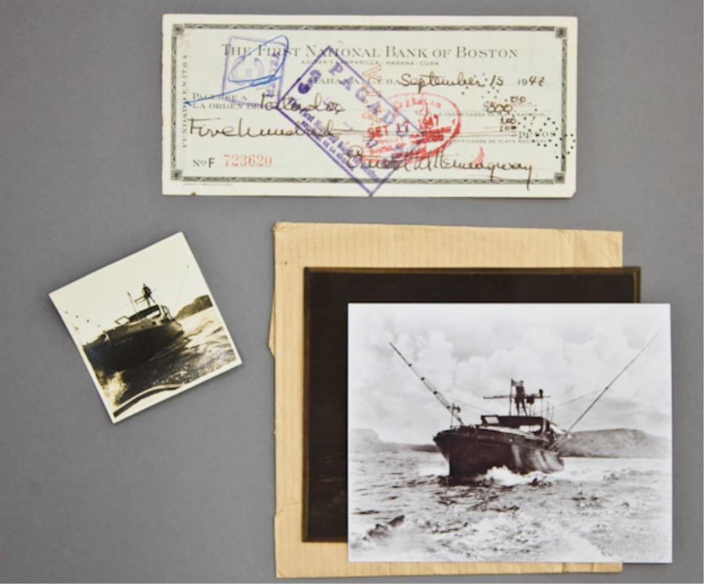 Ernest Hemingway Signed Check and Photos: (1) Bank check filled out and signed in ink "Ernest M. Hemingway", payable to Portador for $500.00, dated September 15 1947, endorsed "Roberto Herrera Sotolongo", 2 3/4 x 6 3/8 inches. (with expected 