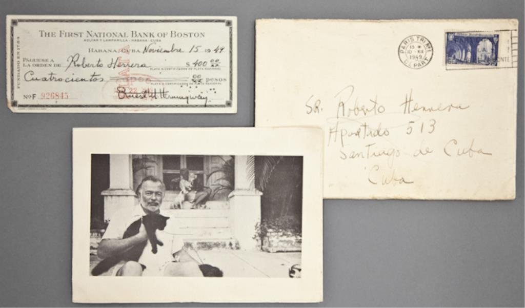 Hemingway Christmas Card and Signed Check: (1) Bank check filled out and signed in ink "Ernest M. Hemingway", payable to Roberto Herrera for $400.00, dated November 15 1949, endorsed "Roberto Herrera", 2 3/4 x 6 3/8 inches. (with expected bank