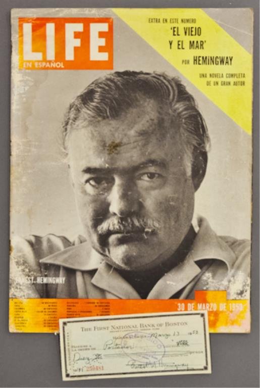 Hemingway on Spanish LIFE & Signed Check: (1) Bank check filled out and signed in ink "Ernest M. Hemingway" payable to Portador for $10.00, dated March 13 1953, endorsed "Roberto Herrera", 2 3/4 x 6 3/8 inches. (with expected bank stamps and 