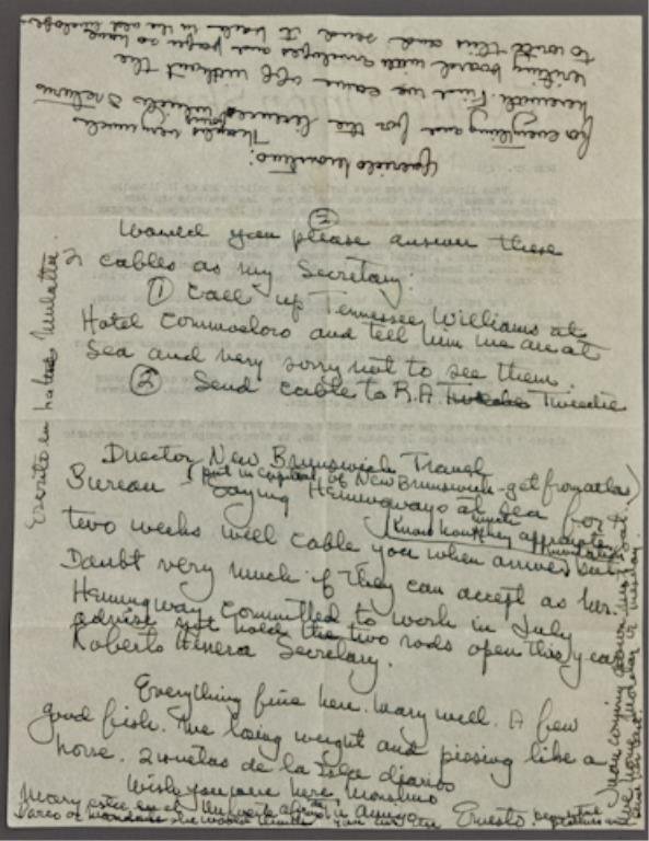 Ernest Hemingway Correspondence: (1) Typed letter signed in pencil "Roberto" to Ernest Hemingway about, dated April 22, 1955, with Hemingway's handwritten in ink response on the back of the same sheet of paper, signed "Tu amigo Ernes