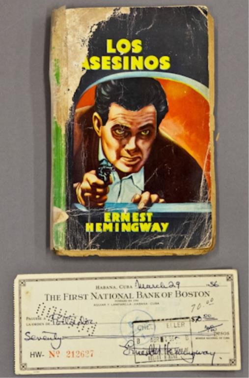 Ernest Hemingway Novel and Signed Check: (1) Bank check filled out and signed in ink "Ernest M. Hemingway" payable to Portador for $70.00 dated March 29 1956, endorsed "Roberto Herrera", 2 3/4 x 6 3/8 inches. (with expected cancellation hole