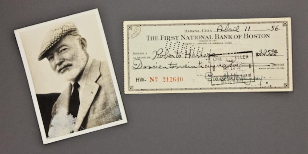 Ernest Hemingway Signed Check: (1) Bank check filled out and signed in ink "Ernest M. Hemingway" payable to Roberto Herrera for $225.00, dated April 11 1956, endorsed "Roberto Herrera", 2 3/4 x 6 3/8 inches. (with expected bank sta