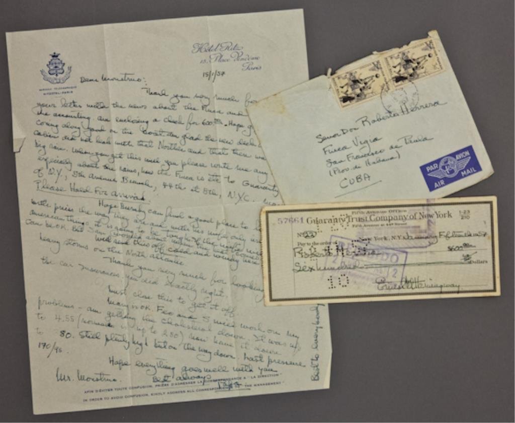 Hemingway Paris Letter and Signed Check: (1) Handwritten in ink letter signed "Papa." to Roberto Herrera thanking him for sending news on the Pilar and the Finca Vigia, enclosing a check, expressing concern for the rains in Cuba, Bumby's sea
