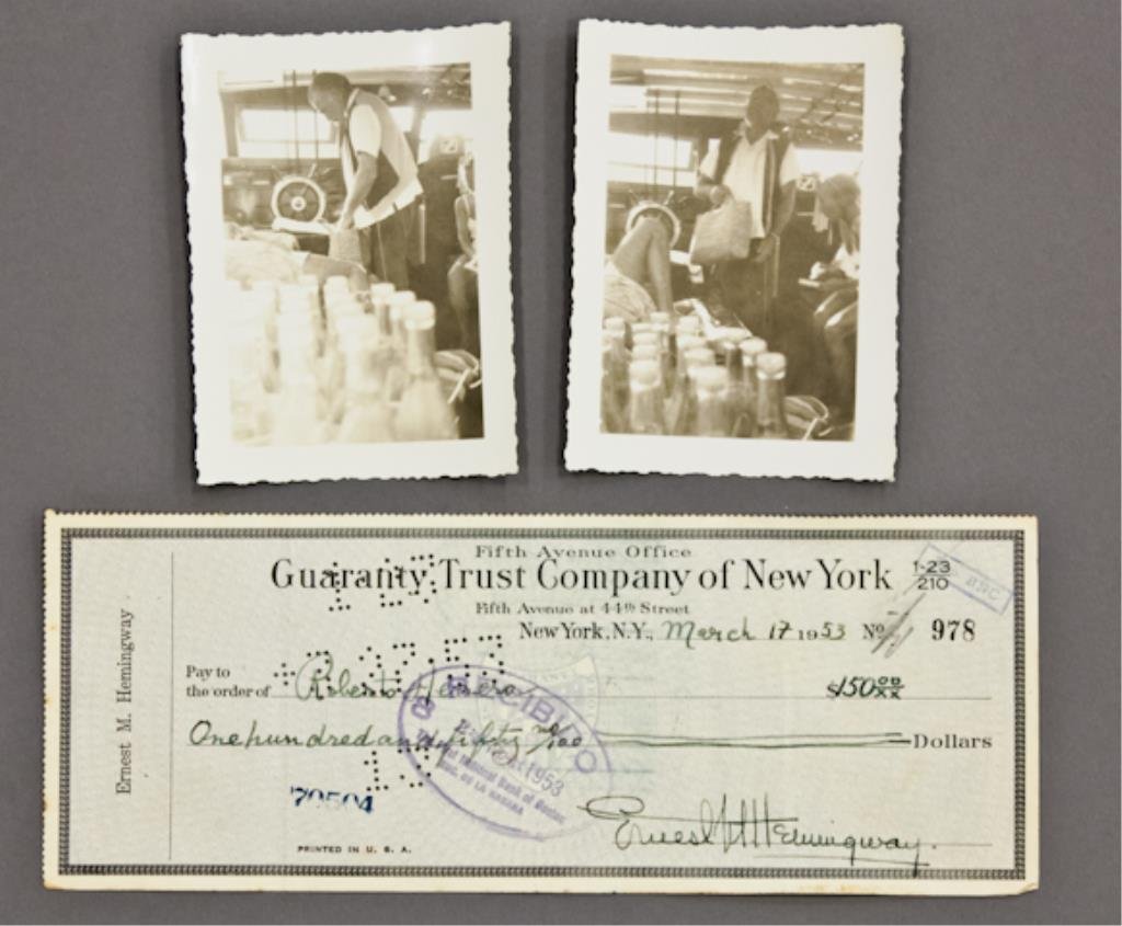 Ernest Hemingway Signed Check: (1) Bank check filled out and signed in ink "Ernest M. Hemingway", payable to Roberto Herrera for $150.00 dated March 17 1953, endorsed "Roberto Herrera", 3 1/4 x 8 1/2 inches. (minor foxing, with exp