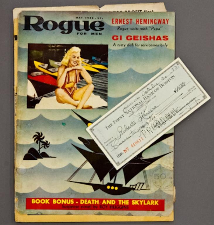 Hemingway Rogue Magazine & Signed Check: (1) Bank check filled out and signed in ink "Ernest M. Hemingway" payable to Roberto Herrera for $46.00 dated October 3 1957, endorsed "Roberto Herrera", 2 3/4 x 6 1/4 inches (with expected bank stamp
