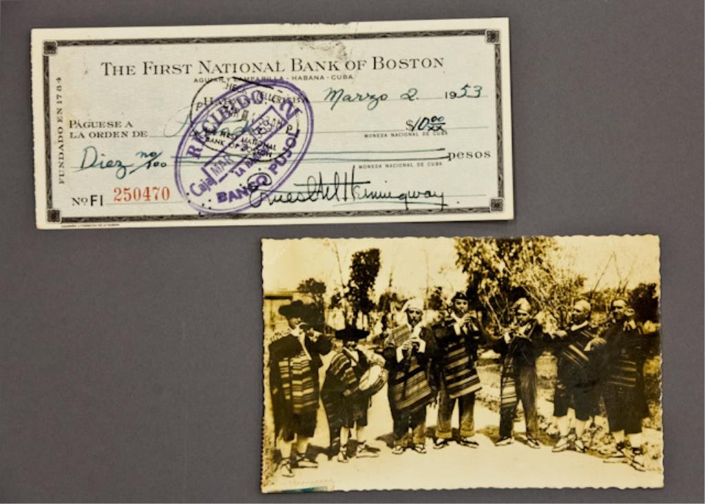 Hemingway Signed Postcard & Check: (1) Bank check filled out and signed in ink "Ernest M. Hemingway" payable to Portador for $10.00 dated March 2 1953, endorsed "Roberto Herrera", 2 3/4 x 6 1/4 inches. (with expected bank stamps and ca