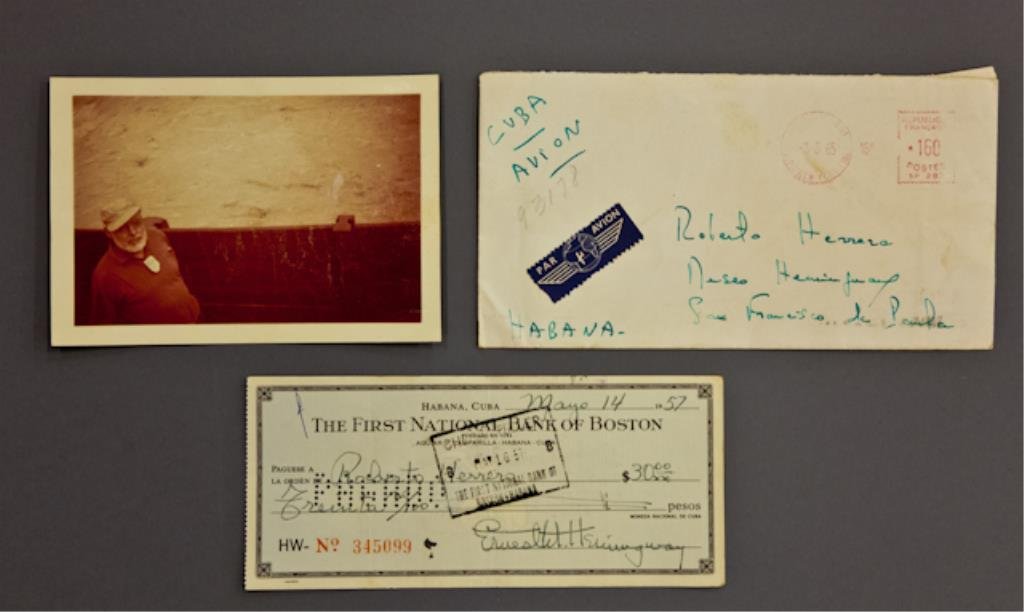 Ernest Hemingway Signed Check: (1) Bank check filled out and signed in ink "Ernest M. Hemingway" payable to Roberto Herrera for $30.00 dated May 14 1957, endorsed "Roberto Herrera", 2 3/4 x 6 1/4 inches. (with expected bank stamps 