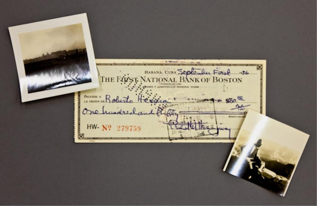 Ernest Hemingway Signed Check: (1) Bank check filled out and signed in ink "Ernest M. Hemingway" payable to Roberto Herrera for $150.00 dated September 1 1956, endorsed "Roberto Herrera", 2 3/4 x 6 1/4 inches. (with expected bank s