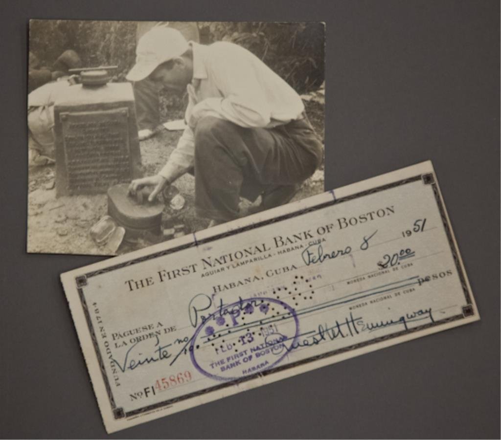 Hemingway Signed Check: (1) Bank check filled out and signed in ink "Ernest M. Hemingway" payable to Portador for $20.00 dated February 8 1951, endorsed "Roberto Herrera", 2 3/4 x 6 1/4 inches. (with expected cancellation ho