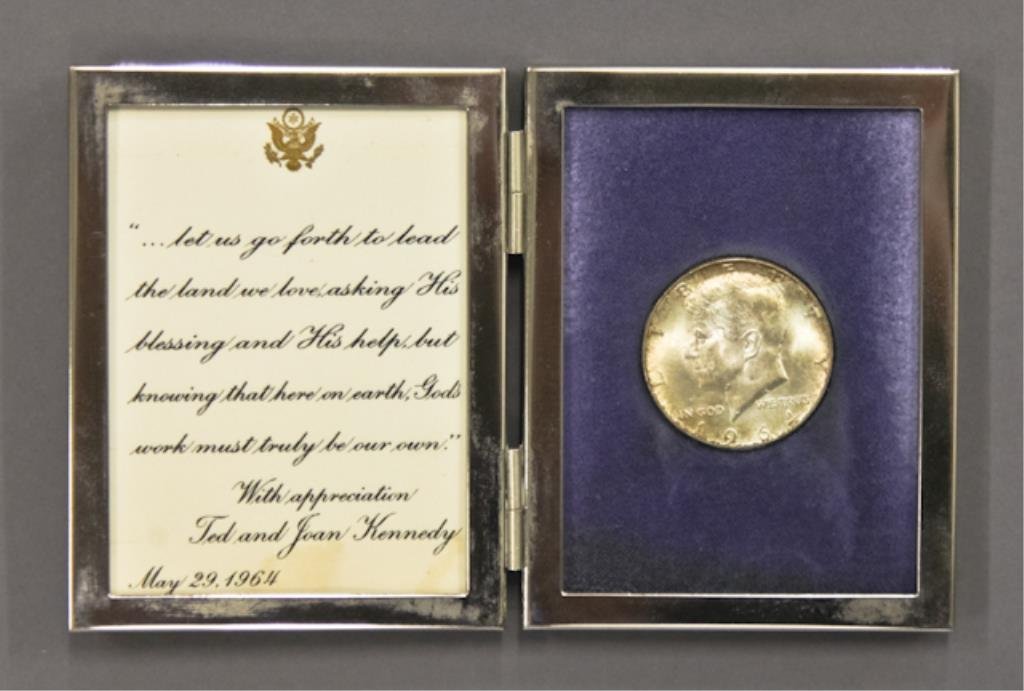 Ted and Joan Kennedy John F. Kennedy Tribute Gift: (1) Double folding frame containing quote from John F. Kennedy's Inaugural Address with the Seal of the President and "with appreciation Ted and Joan Kennedy, May 29, 1964 (John F. Kennedy's birthday)