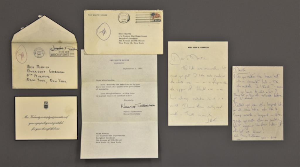Jackie Kennedy-Marita Correspondence: Including (2) handwritten notes to Marita on Mrs. John F. Kennedy memo paper regarding hats signed "JBK" and "J", (1) Engraved thank you card for sympathy on mourning card stock with original envelope