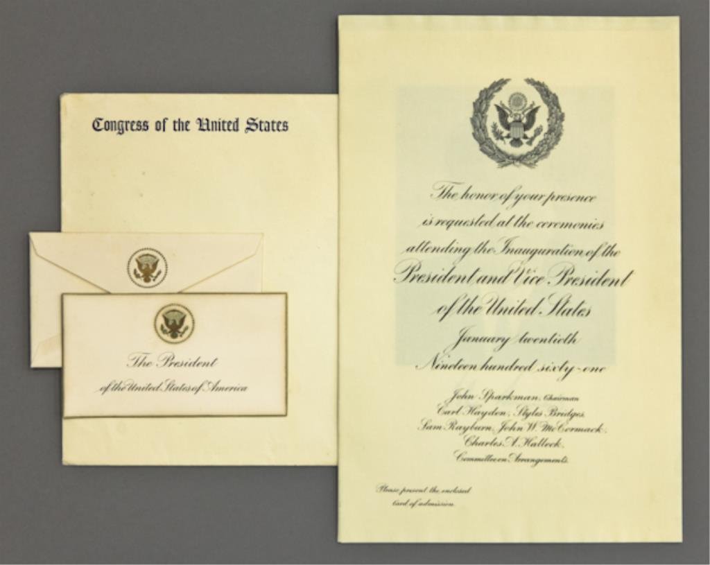 Inaugural Invitation 1961: (1) Bi-fold Inaugural invitation containing the portraits of John F. Kennedy and Lyndon B. Johnson with original envelope and return address "Congress of the United States" (surface grime and light st