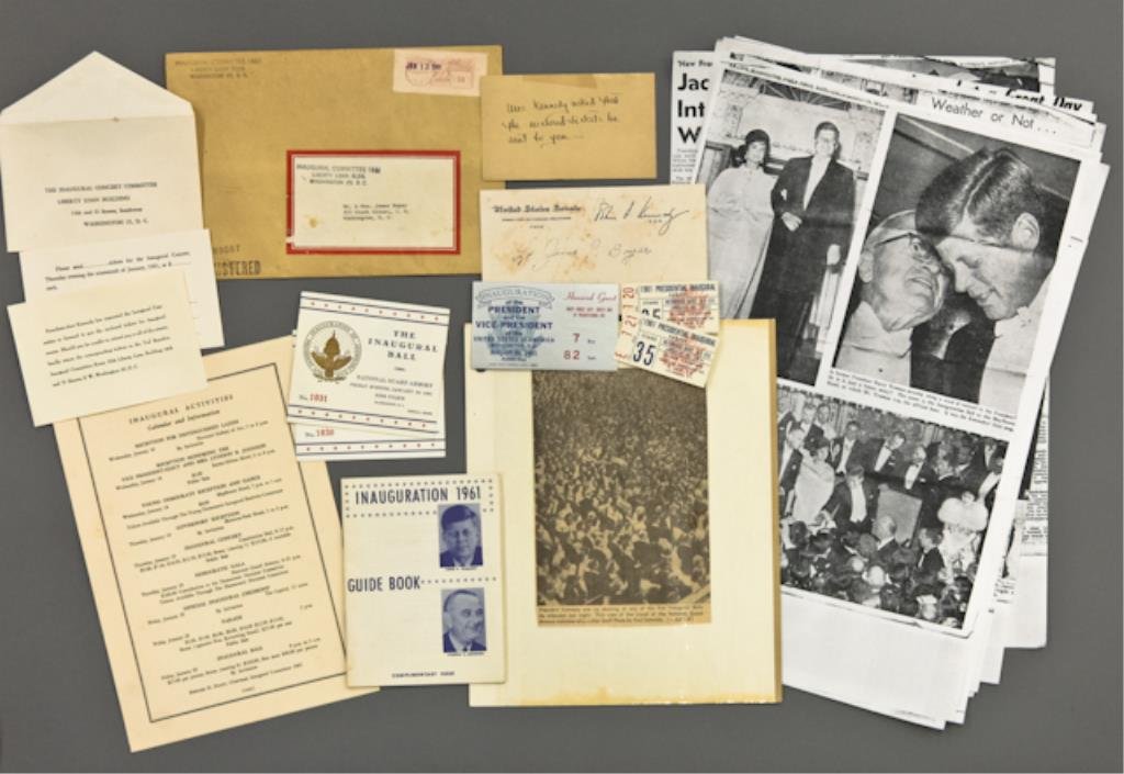 1961 Inaugural Tickets & Events: (2) Ticket stubs for The Inaugural Ball at the National Guard Armory at 9:00 pm, (2) ticket stubs for the 1961 Presidential Inaugural Parade, (1) Honored Guest ticket for the Inauguration White House 
