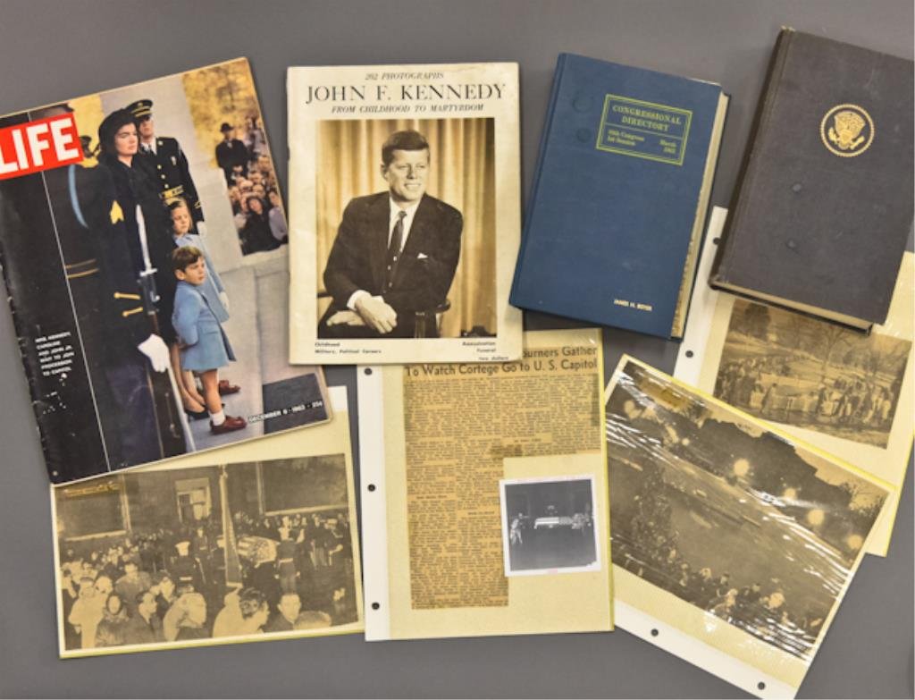 President Kennedy Assassination Publications: Items related to the assassination of President Kennedy include: (1) "LIFE" Magazine December 6, 1963 with cover of "Mrs. Kennedy, Caroline and John Jr. wait to Join Procession to Capitol", (1) "202 P