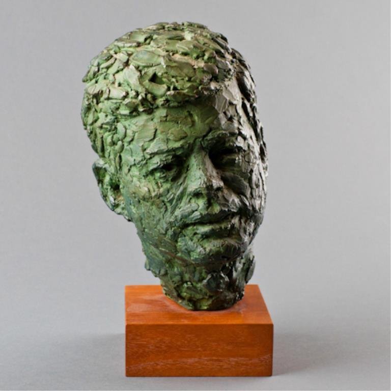 Robert Berks Bust Of John F. Kennedy: (1) Sculpture of John F. Kennedy, cast plaster with applied verdigras patina, a larger scale example appeared in the dedication opening of the John F. Kennedy Center for the Performing Arts, the origi