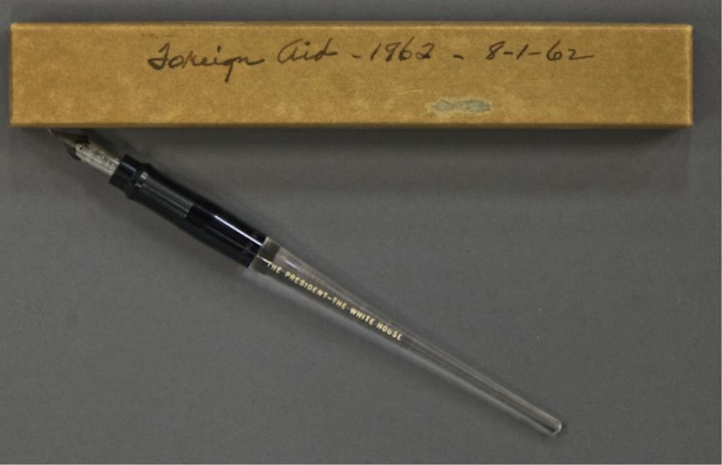 Presidential Pen Used for Foreign Aid Bill: (1) Estabrook acrylic steel pointed pen inscribed "The President The White House" used by John F. Kennedy at the signing of the "Foreign Aid Bill" on August 1, 1962 in its original box inscribed "Fore