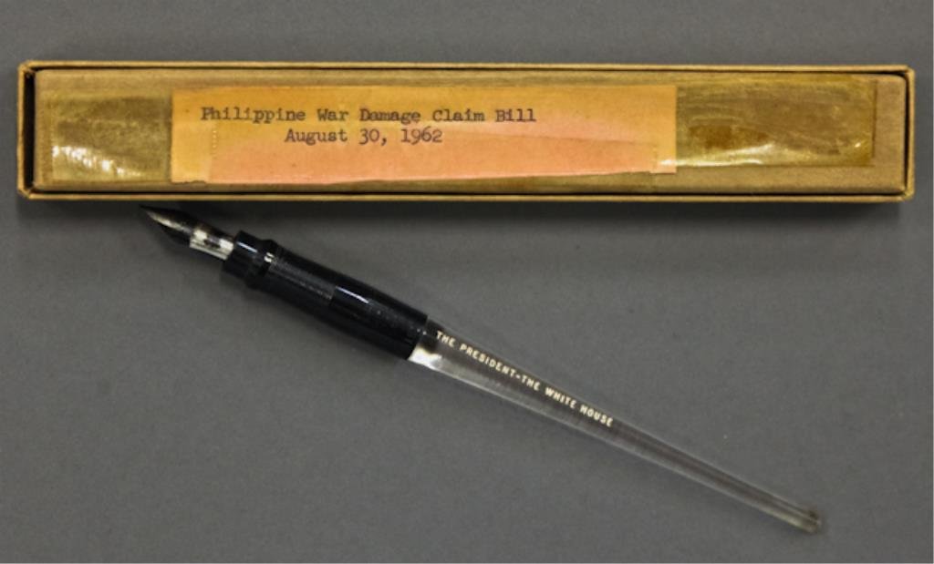 Presidential Pen John F. Kennedy Signed Bill: (1) Estabrook acrylic steel pointed pen inscribed "The President The White House" used by John F. Kennedy at the signing of the "Philippine War Damage Claim Bill" on August 30, 1962 in its original bo