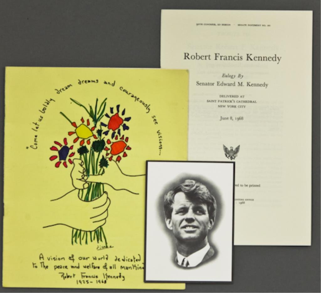 Robert F. Kennedy Memorial Mass Program: (1) Mass program from Robert F. Kennedy's Memorial Mass held at St. Luke's Church, McLean, VA on June 6, 1971, with illustration on front by Pablo Picasso (hand colored), 8 1/2 x 7 inches, together wi