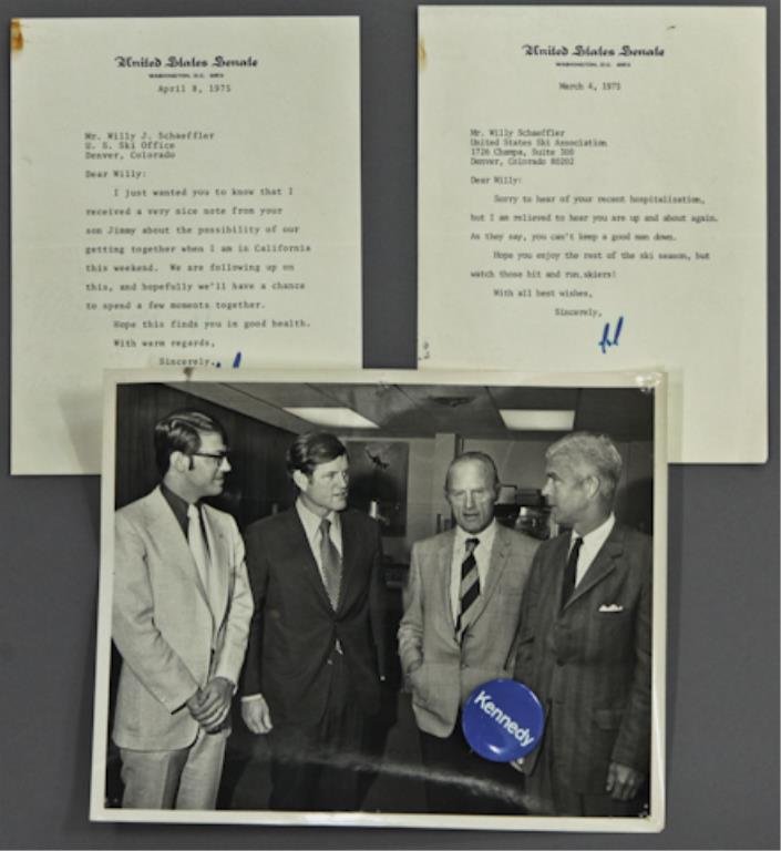Ted Kennedy and Willy Schaeffler: (1) Photograph of Ted Kennedy and Willy Schaeffler with others, 8 x 10 inches, (1) signed note from Ted Kennedy to Willy Schaeffler on United States Senate letterhead, 8 x 6 inches, (light discolorati