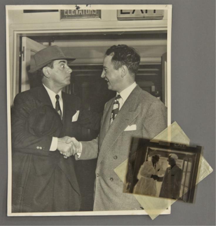 Eddie Cantor and Frank Mastro: (1) 4 x 5 inch negative of Eddie Cantor and Frank Mastro, together with (1) 11 x 14 inch photograph. Standing in a doorway, Cantor is shaking hands with Mastro.