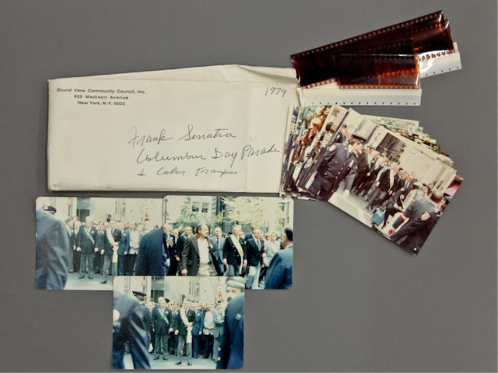 Frank Sinatra: (12) 35mm color transparencies of Frank Sinatra, together with (1) photograph reprint of each. Sinatra is shown as the Grand Marshall in the 1979 Columbus Day Parade in New York City. Also, (3) 3 x 5 