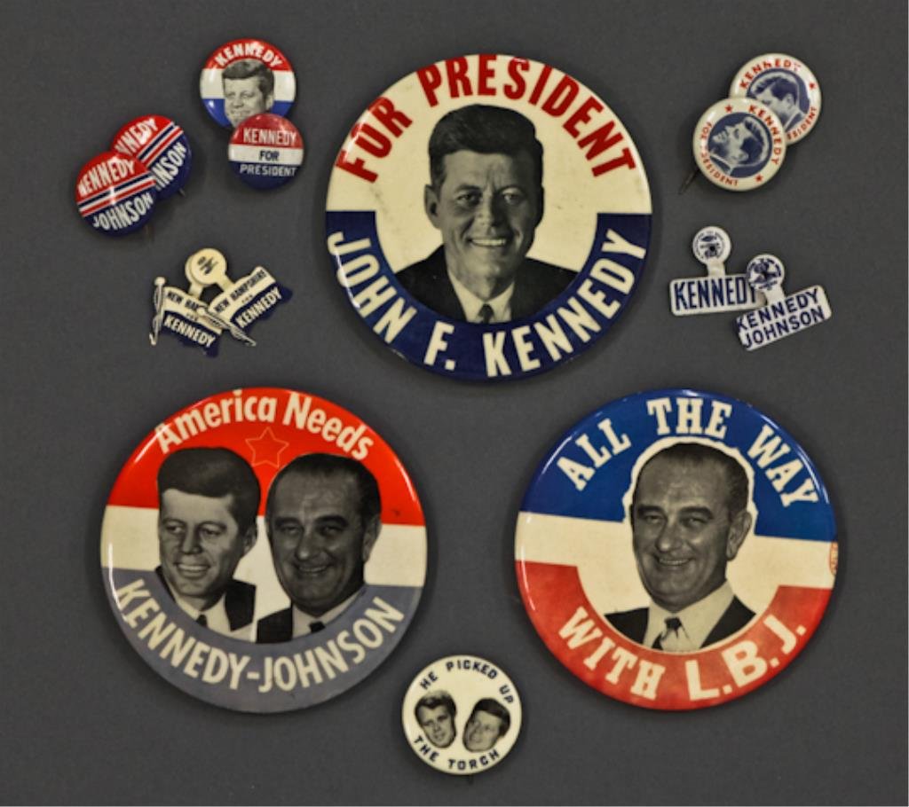 Kennedy For President 1960 Pinback Buttons: (18) Kennedy Presidential campaign pinback and folding tab buttons. Slogans include: "For President John F. Kennedy", "America Needs Kennedy - Johnson", "All The Way With LBJ", "Kennedy Johnson", "Ken