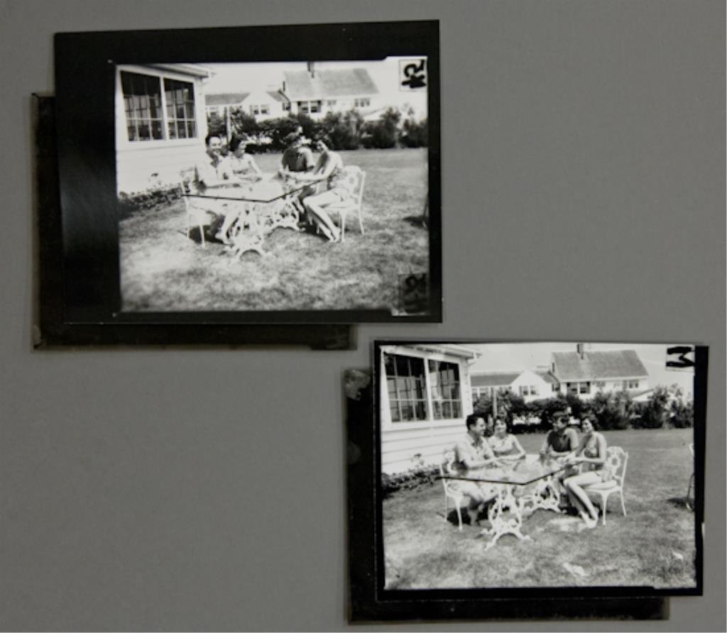 1957-John F. Kennedy, Jackie, The Shrivers: (2) 4 x 5 inch negatives with (2) 4 x 5 inch contact prints of John F. Kennedy, Jacqueline Kennedy, Sargent and Eunice Shriver seated at a table outside at the Hyannis Port compound.