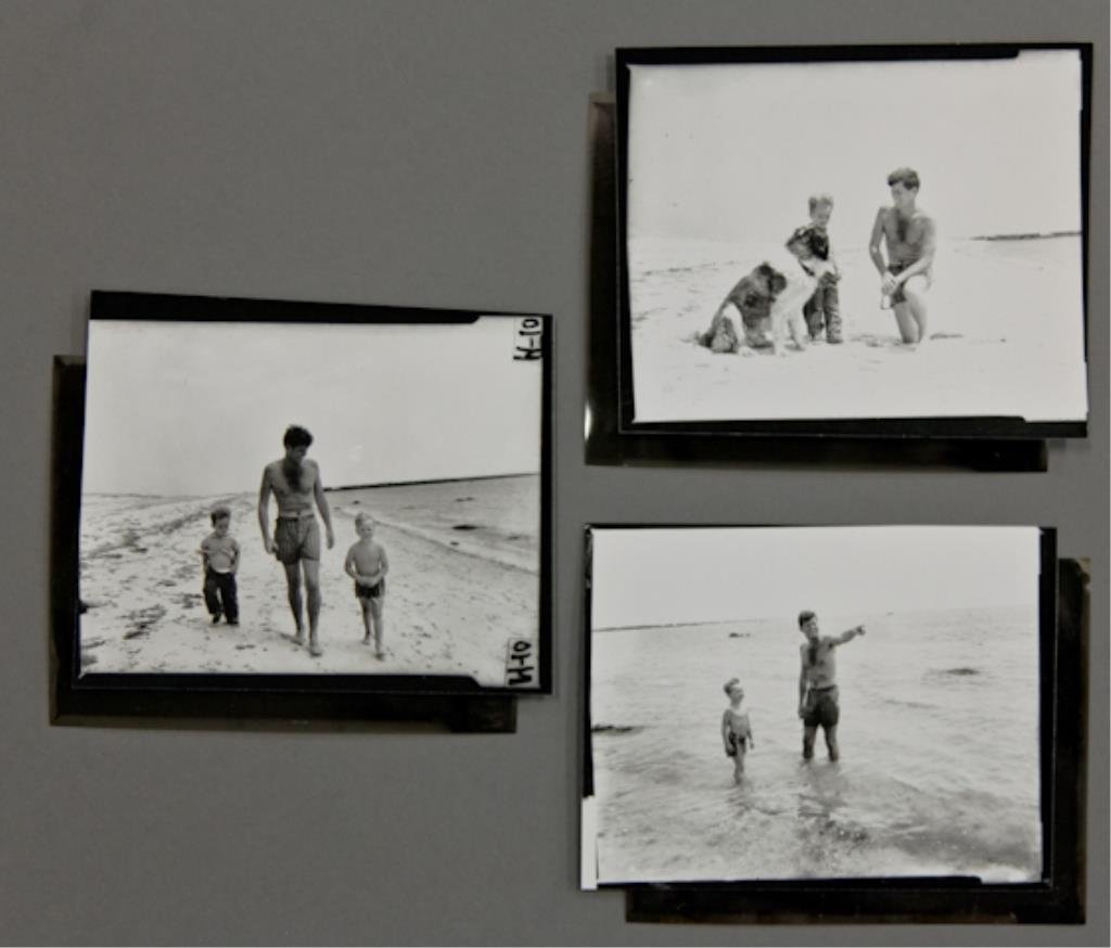 1957-John F. Kennedy: (3) 4 x 5 inch negatives with (3) 4 x 5 inch contact prints of Senator John F. Kennedy on the beach with kids at Hyannis Port.