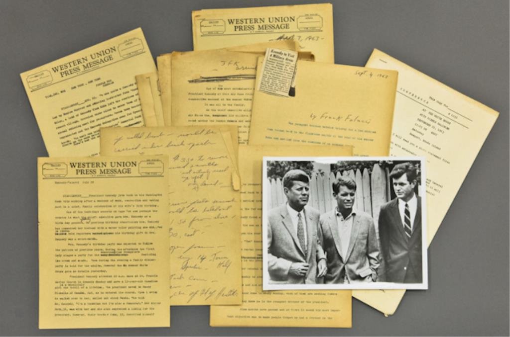 1963-Frank Falacci Press: (1) extensive folder of Frank Falacci's Western Union Press Messages and newspaper article transcripts. Joseph P. Kennedy's 75th birthday, Jackie learns scuba diving, the Squaw Island summer White Hou