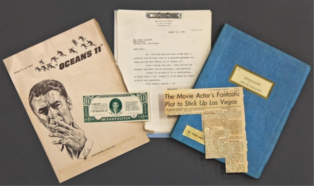 "Ocean's 11" Peter Lawford Signature: (1) Note "Ocean's "11" $10,000.... 50-50- P. Lawford" on 4 1/2 x 6 inch card stock, (1) Peter Lawford's copy of "Ocean's Eleven" script 137pp., promotional "Ocean's Eleven" 11 dollar bill, newspaper a
